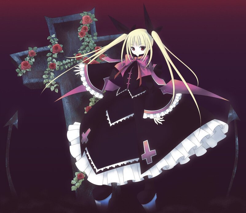 anime girl with roses and cross