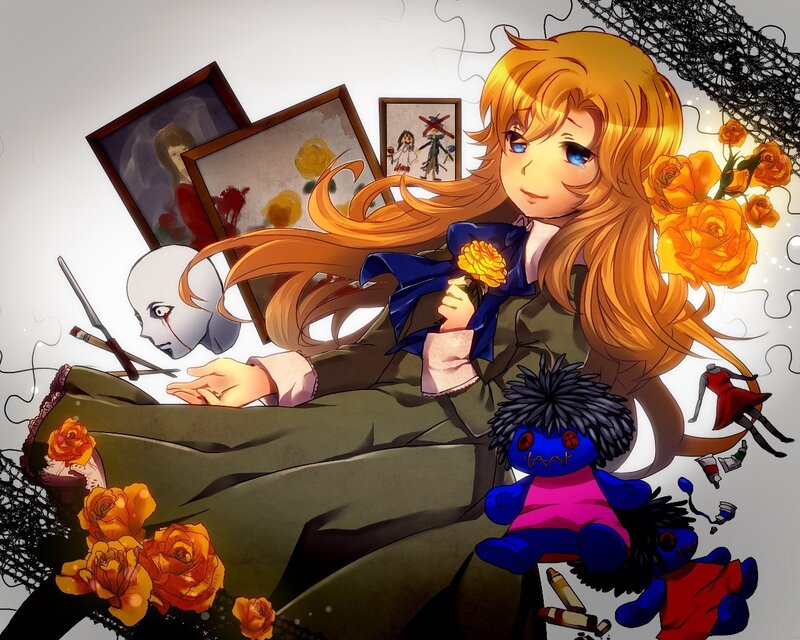 Anime girl with roses and dolls