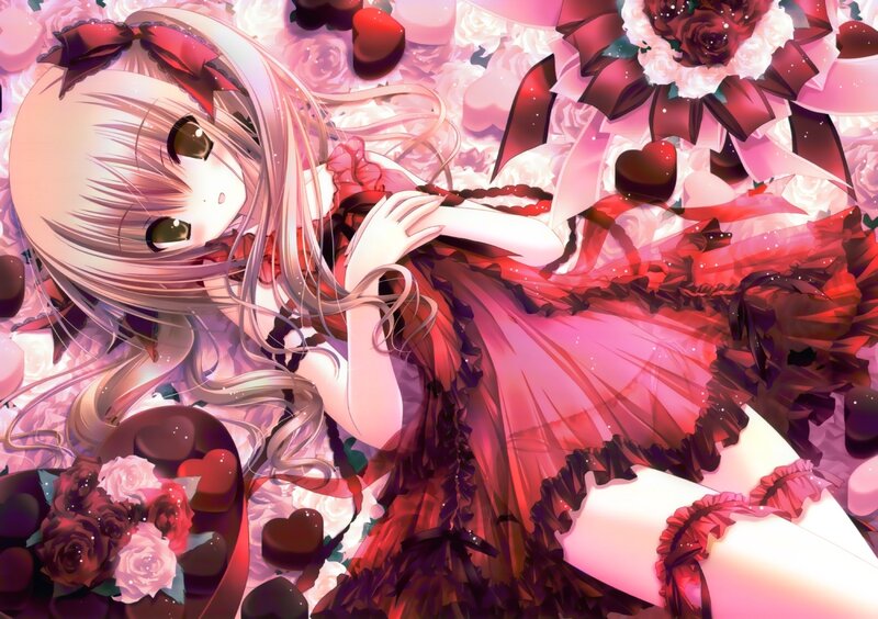 anime girl with roses and hearts