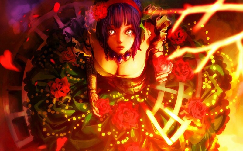 anime girl with roses and lightning