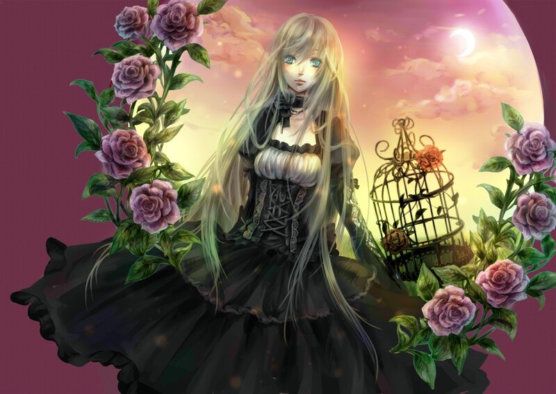 anime girl with roses and moon