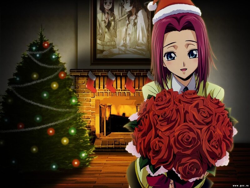 Anime girl with roses at Christmas