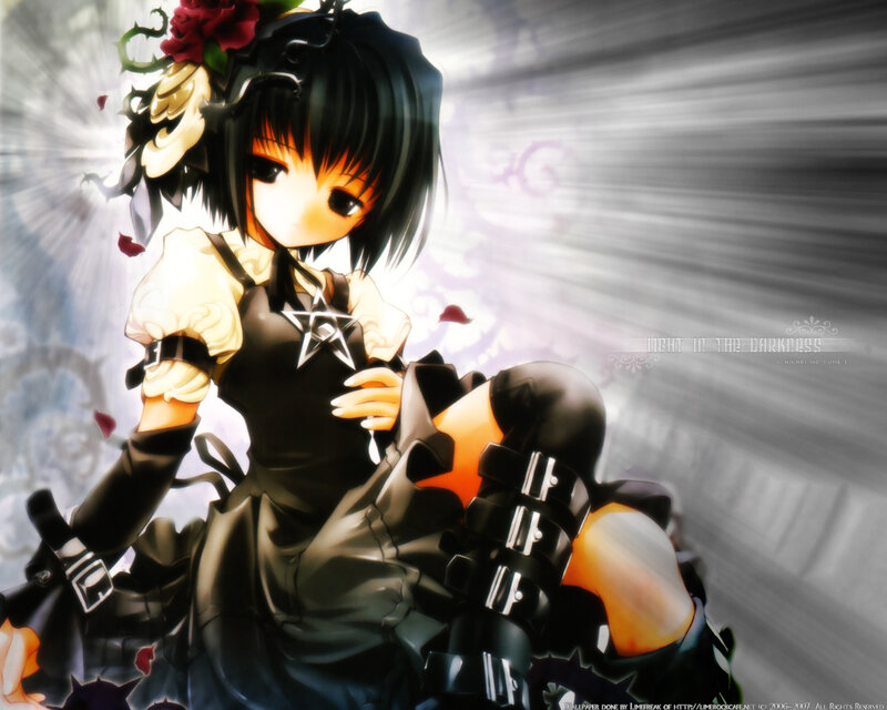 Anime Girl with Roses — Black, Dramatic, Digital Art, Pentagram
