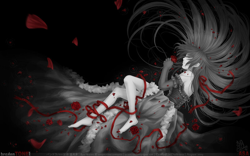 Anime Girl with Roses — Black, Dramatic, Digital Art, Ribbons