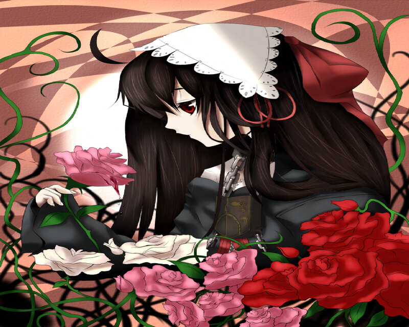 Anime Girl with Roses — Black, Dramatic, Digital Art