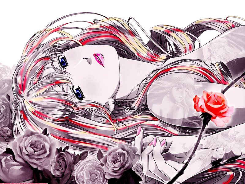 Anime Girl with Roses — Black, Dramatic, Manga, Long Hair