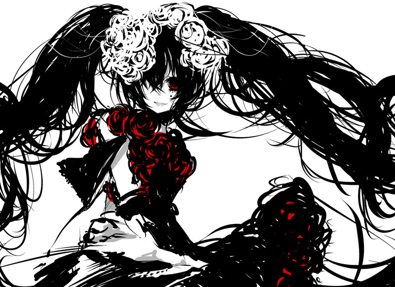 Anime Girl with Roses — Black, Dramatic, Manga