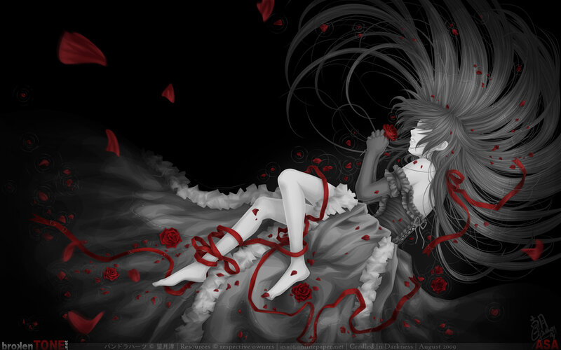 Anime Girl with Roses — Black, Dramatic, Night, Digital Art