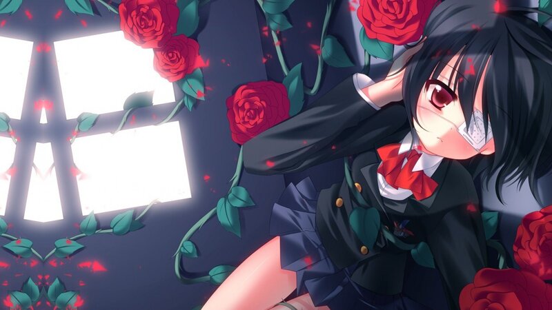 Anime Girl with Roses — Black, Dramatic, School Uniform