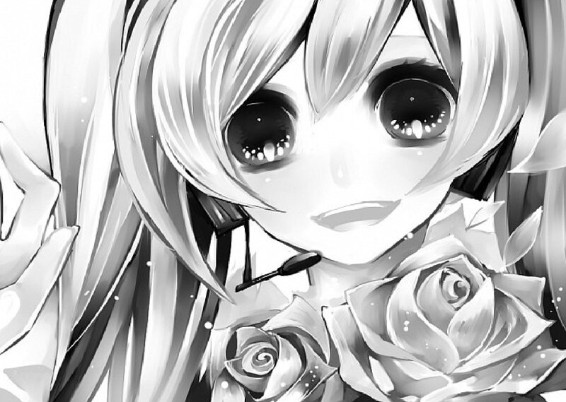 Anime Girl with Roses — Black, Melancholic