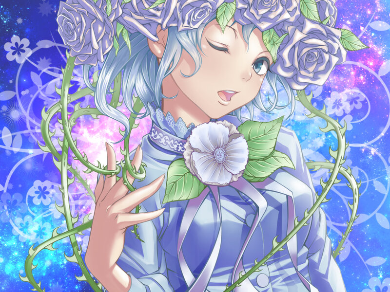 Anime Girl with Roses — Blue, Dreamy
