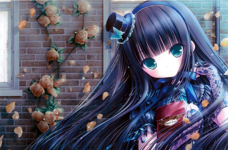 Anime Girl with Roses — Blue, Serene, Digital Art, Top Hat