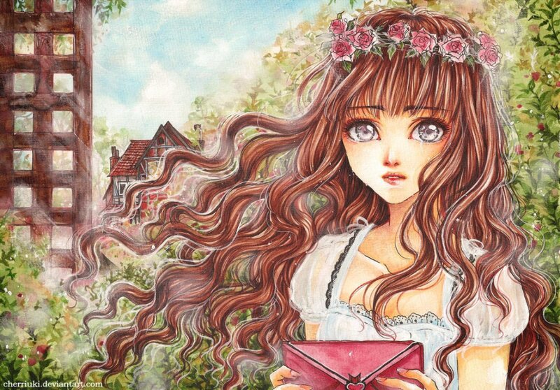 Anime Girl with Roses — Brown, Serene