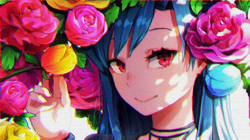 Anime Girl with Roses — Pink, Dreamy, Digital Art, Blue Hair
