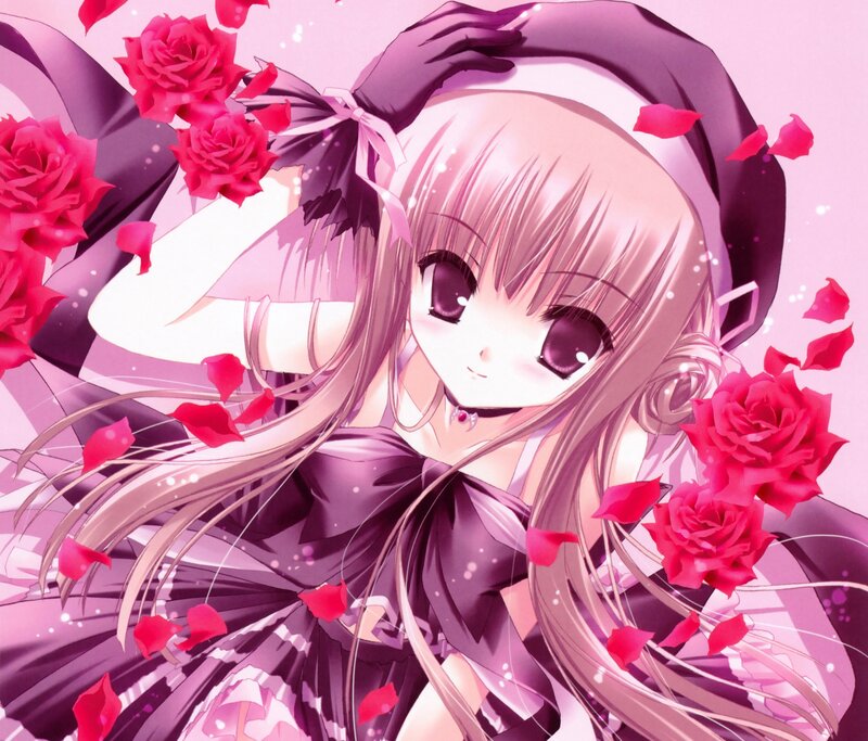 Anime Girl with Roses — Pink, Dreamy, Petals