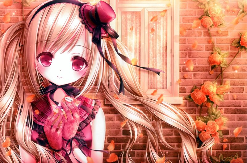 Anime Girl with Roses — Pink, Romantic, Autumn