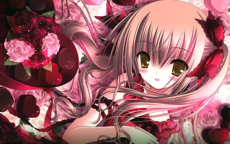 Anime Girl with Roses — Pink, Romantic, Heart Shapes