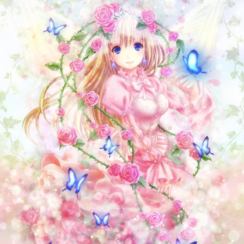 Anime Girl with Roses — Pink, Serene, Digital Art, Butterflies
