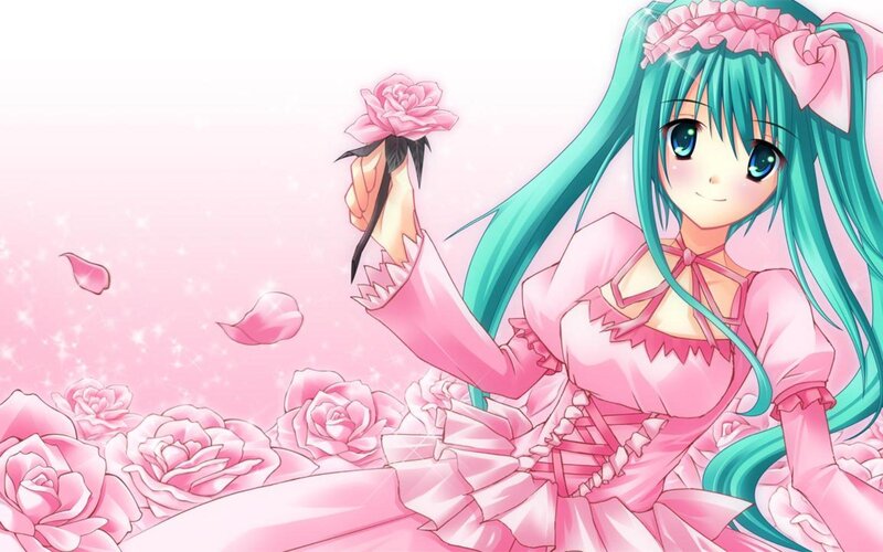 Anime Girl with Roses — Pink, Serene, Digital Art