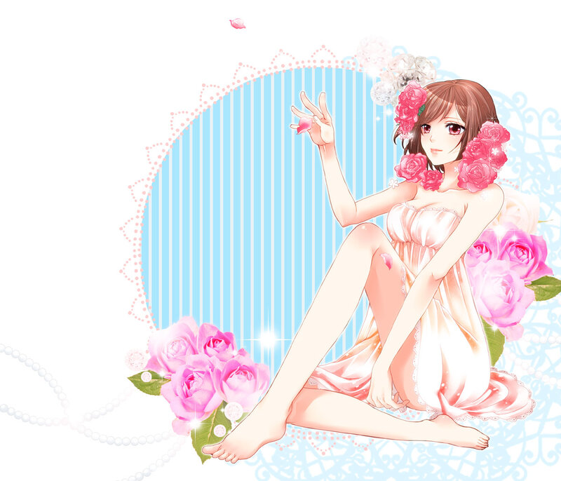 Anime Girl with Roses — Pink, Serene, Flowers