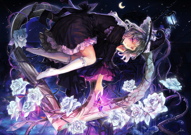 Anime Girl with Roses — Purple, Dramatic, Night, Digital Art, Moon, Lantern