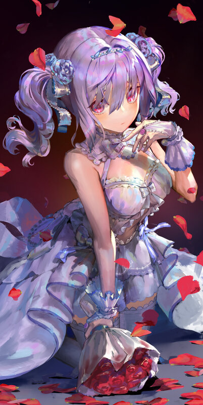 Anime Girl with Roses — Purple, Dramatic, Night, Digital Art, Petals