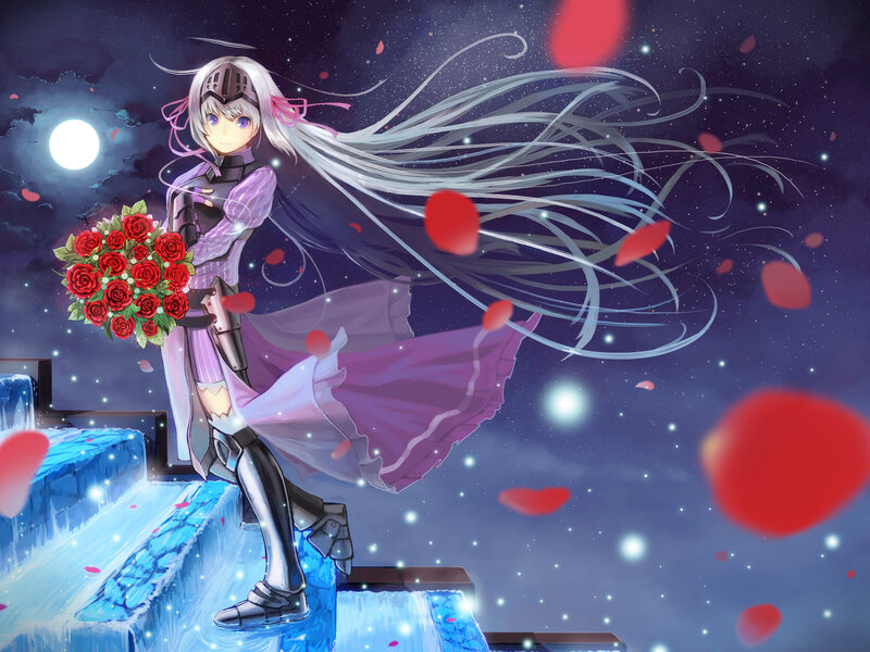 Anime Girl with Roses — Purple, Dramatic, Night