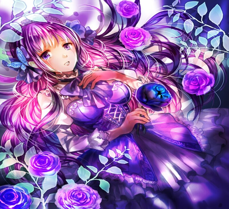 Anime Girl with Roses — Purple, Dreamy, Digital Art