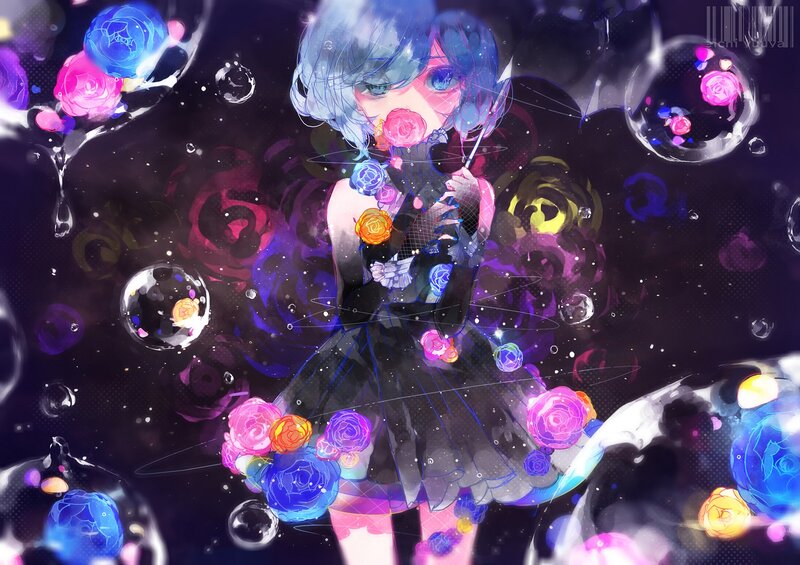 Anime Girl with Roses — Purple, Dreamy, Night