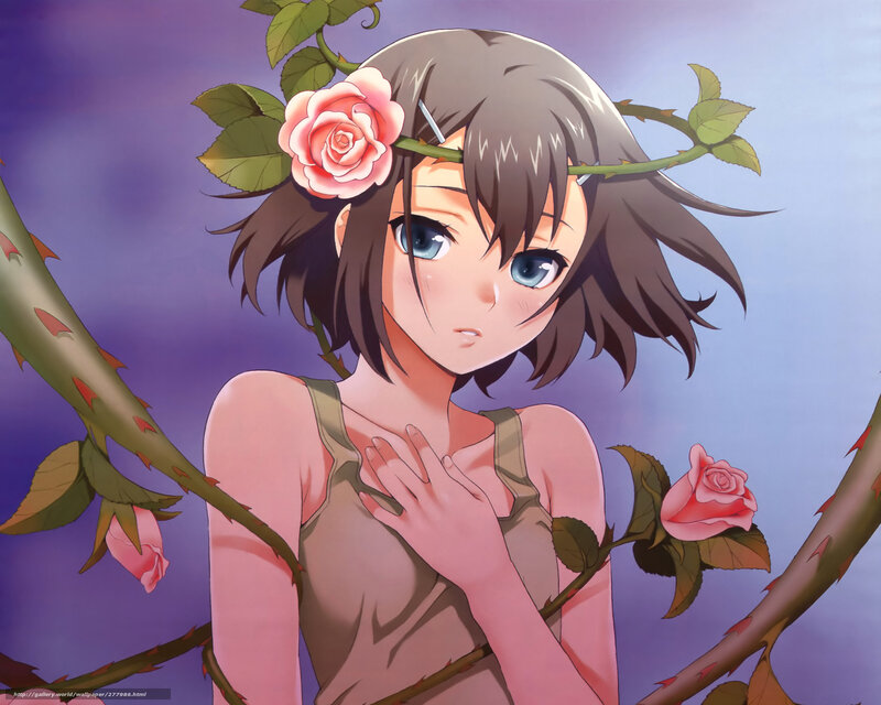 Anime Girl with Roses — Purple, Serene, Rose Bush