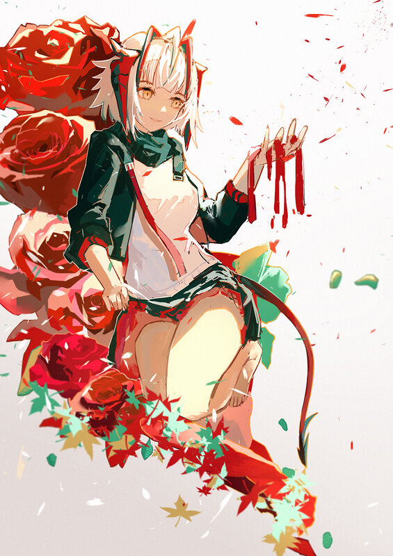 Anime Girl with Roses — Red, Dramatic, Autumn