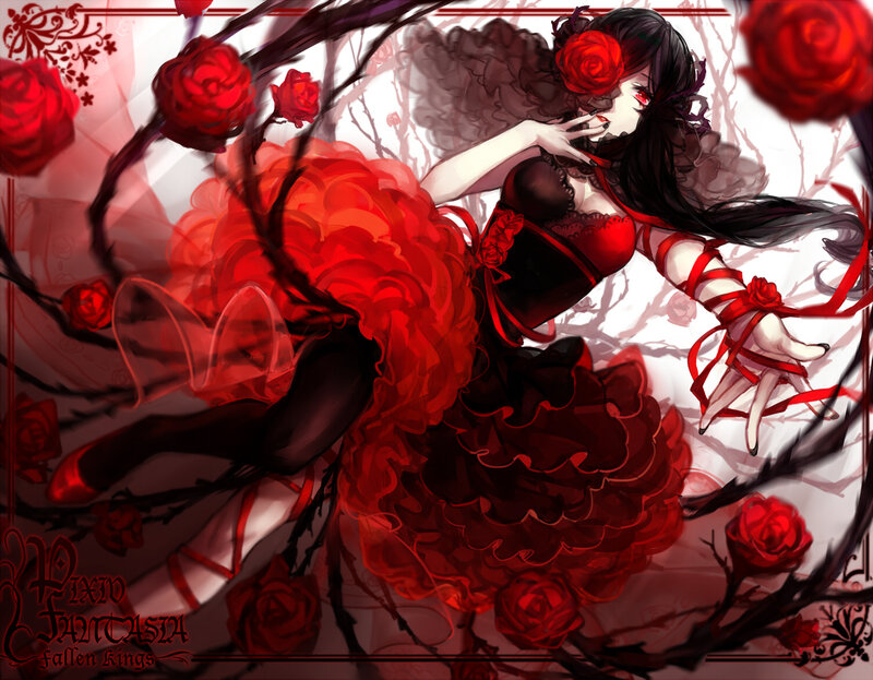 Anime Girl with Roses — Red, Dramatic, Digital Art, Black Hair