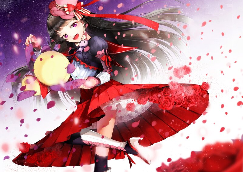 Anime Girl with Roses — Red, Dramatic, Digital Art, Petals