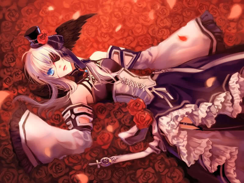 Anime Girl with Roses — Red, Dramatic, Digital Art