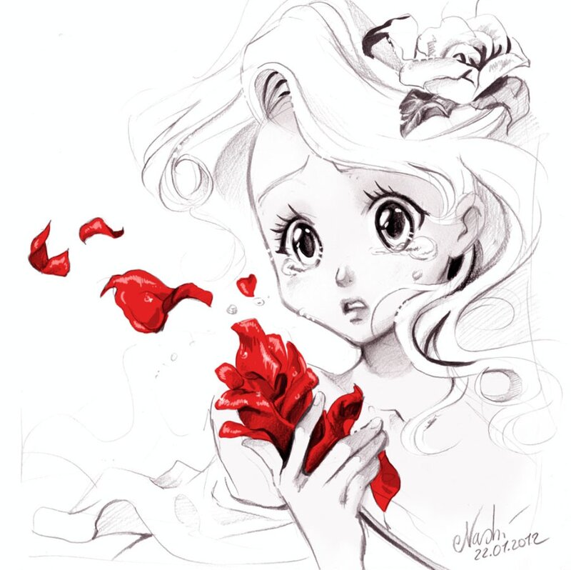 Anime Girl with Roses — Red, Dramatic, Manga