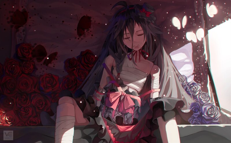 Anime Girl with Roses — Red, Dramatic, Night, Digital Art