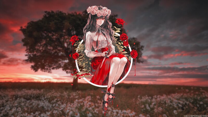 Anime Girl with Roses — Red, Dramatic, Sunset