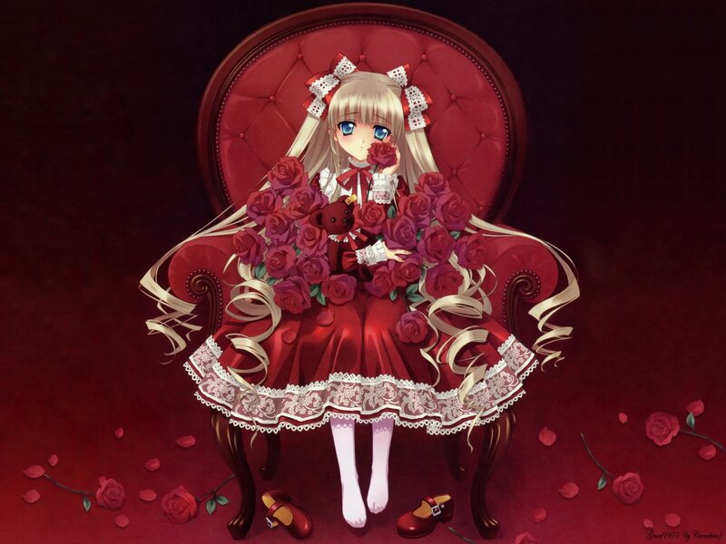 Anime Girl with Roses — Red, Dramatic