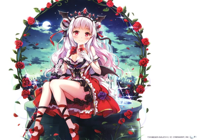 Anime Girl with Roses — Red, Serene, Night, Digital Art