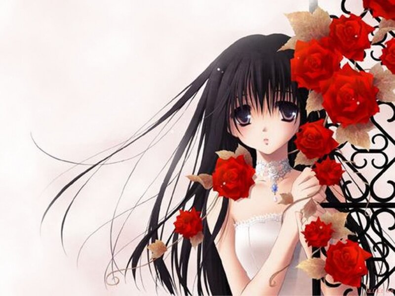 Anime Girl with Roses — Red, Serene