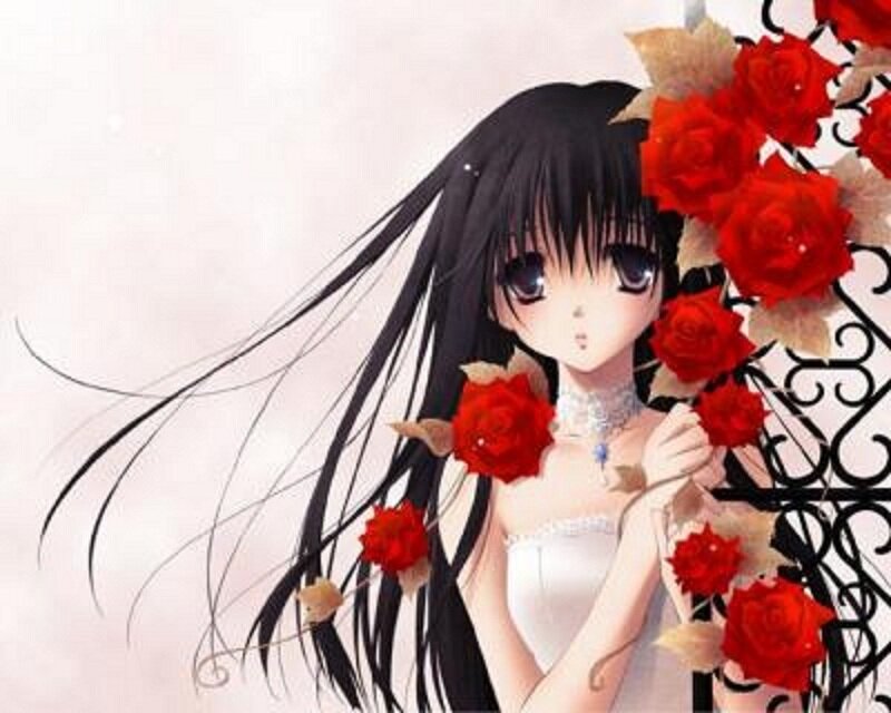 Anime Girl with Roses — Red, Serene, White Dress