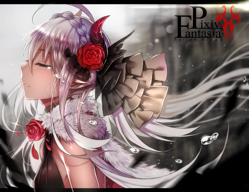 Anime Girl with Roses — White, Dramatic, Digital Art