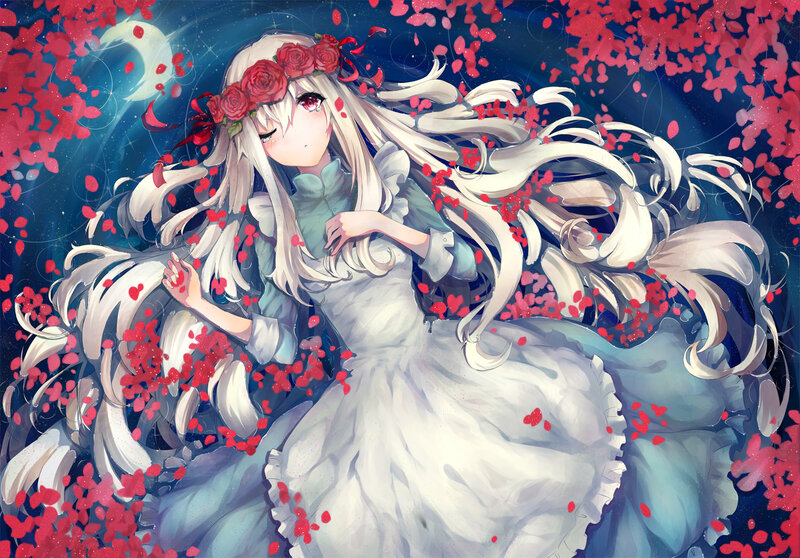 Anime Girl with Roses — White, Dreamy, Night, Digital Art