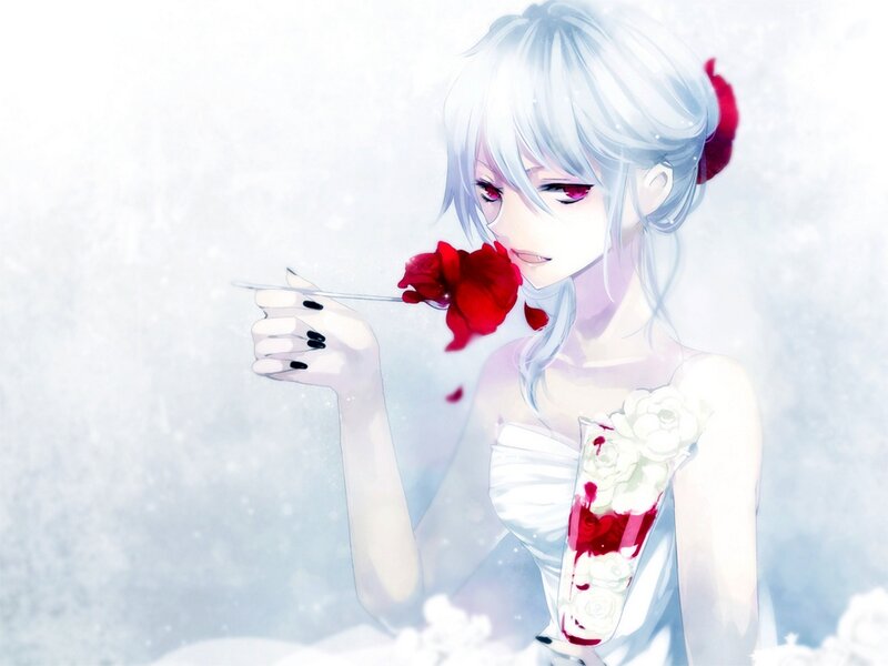 Anime Girl with Roses — White, Melancholic
