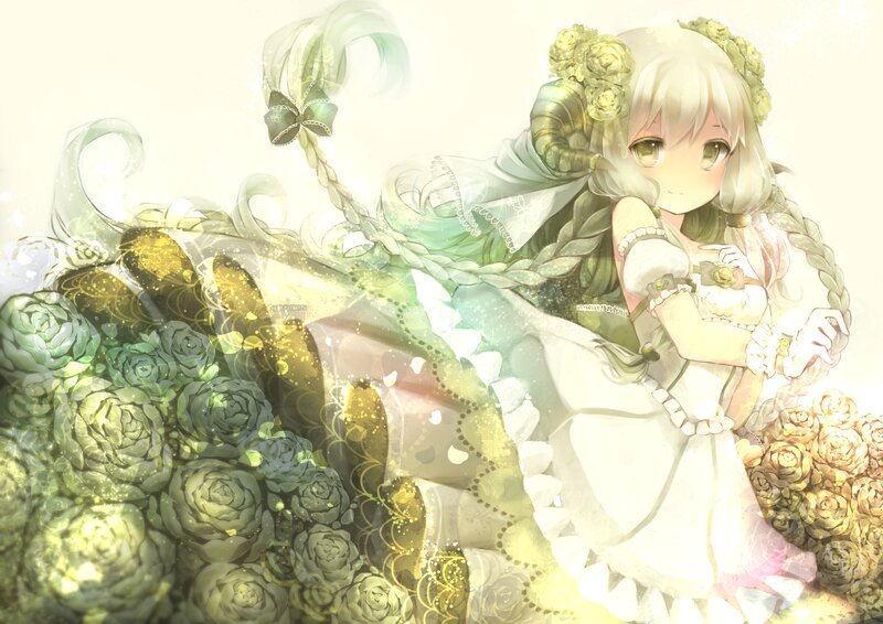Anime Girl with Roses — White, Serene, Digital Art, Flowers