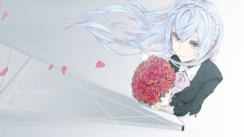 Anime Girl with Roses — White, Serene, Digital Art, Petals