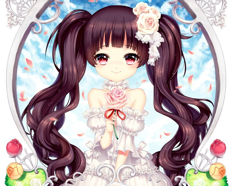 Anime Girl with Roses — White, Serene