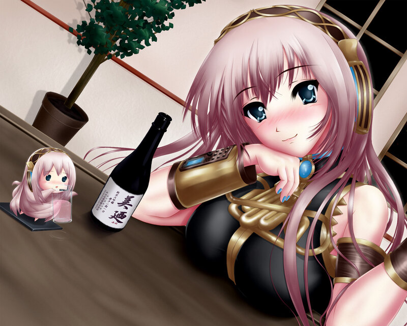 Anime girl with sake bottle