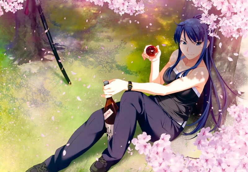 Anime girl with sake under cherry blossoms