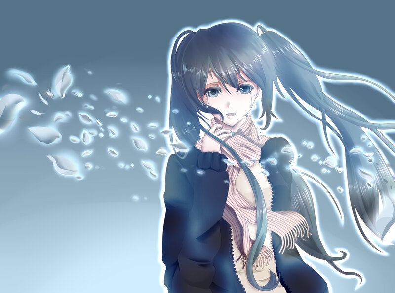 anime girl with scarf and petals
